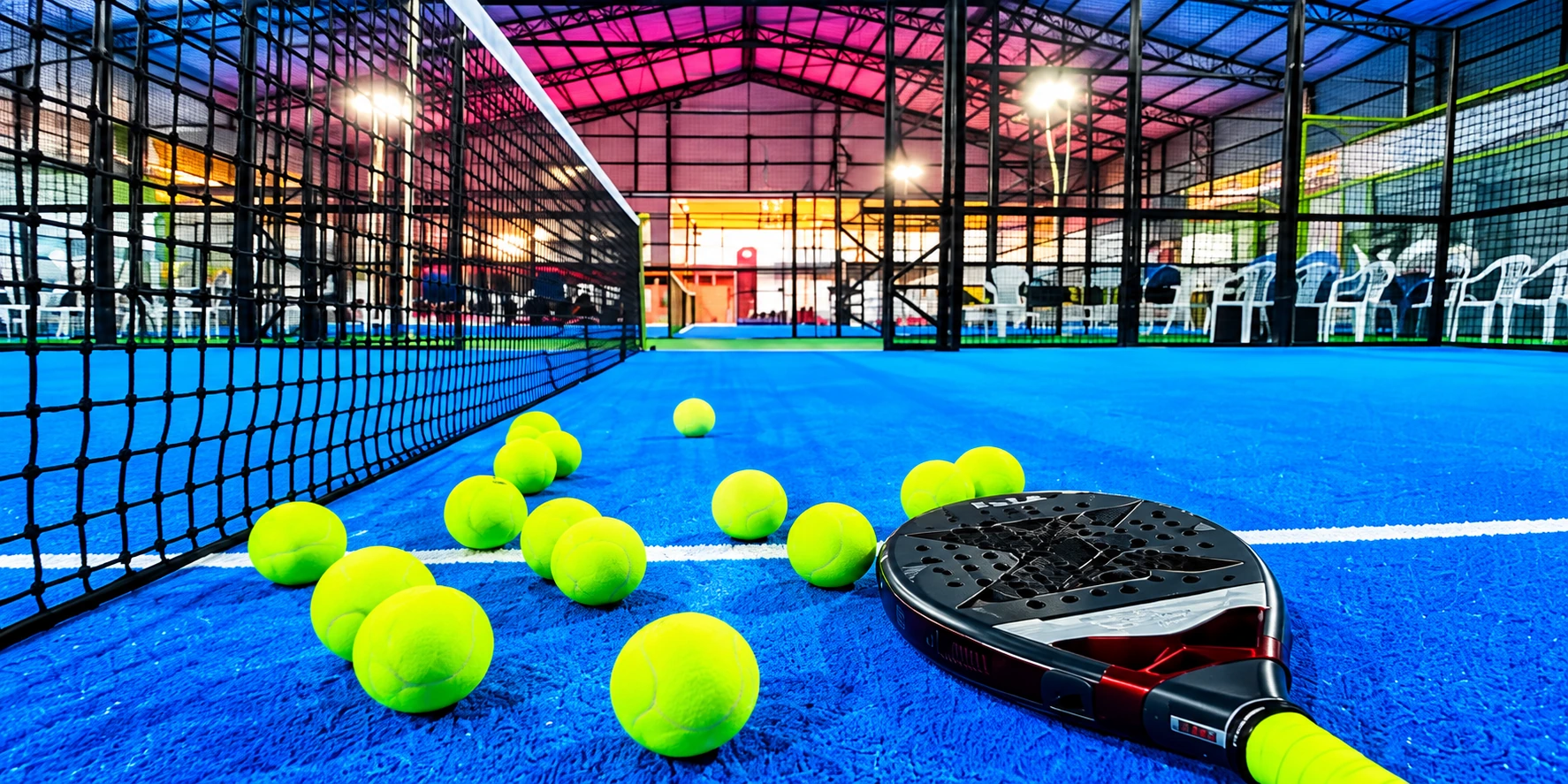 Pala y pelotas sobre una cancha azul de pádel
